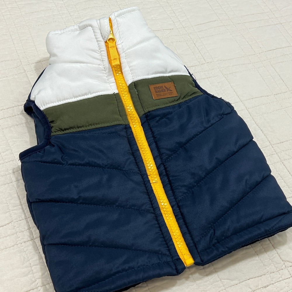 Eddie Bauer Kids 12M Puffer Vest Navy Green White Yellow Zip Colorblock Full Zip